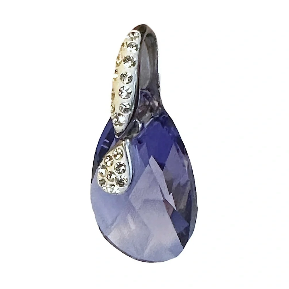 Vintage Designer AU Sterling Silver 925 Purple Topaz Teardrop Pendant Rhinestone
